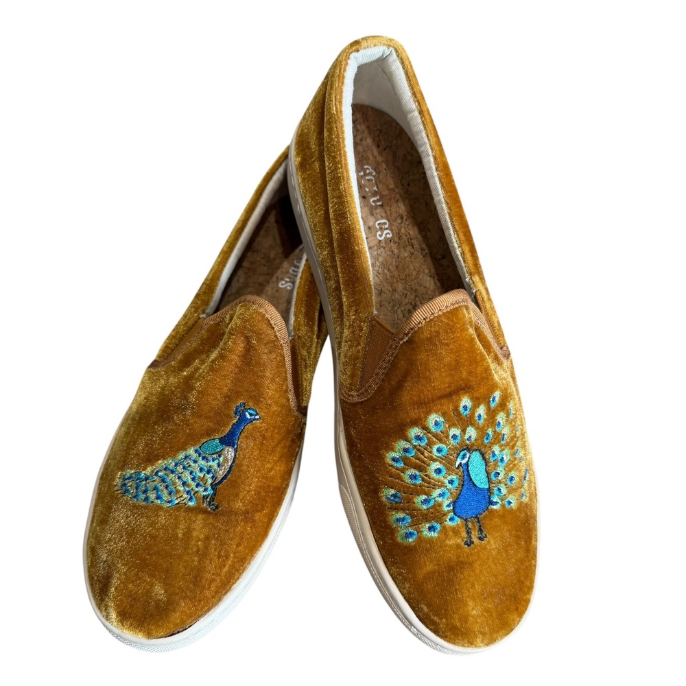 Soludos Velvet Slip On Sneakers Women's 7.5 Embroidered Peacock Copper